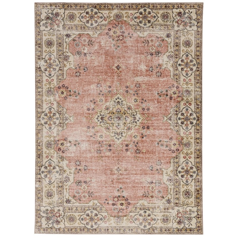 Blanton Machine Washable Floral Pastel Pink/Ivory Area Rug - 5' x 7'