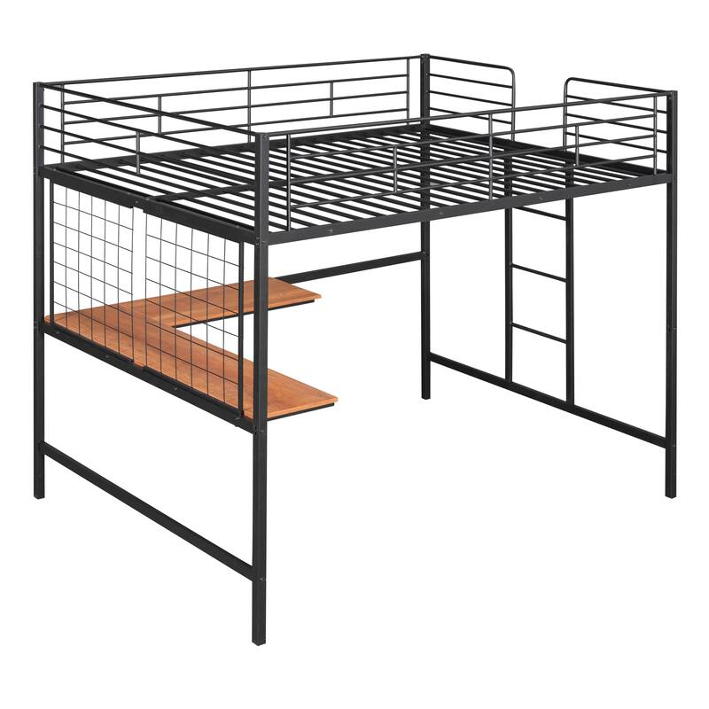 Metal Loft Bed with Desk, Twin/Full Size, Heavy Duty Slats, Safety Guardrails, and Metal Grid, Ideal for Small Rooms