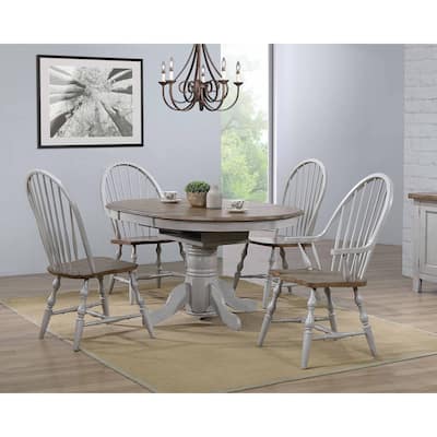 Extendable Dining Table Set - 42" to 60" Round/Oval, 2 Chairs, Gray/Brown Wood