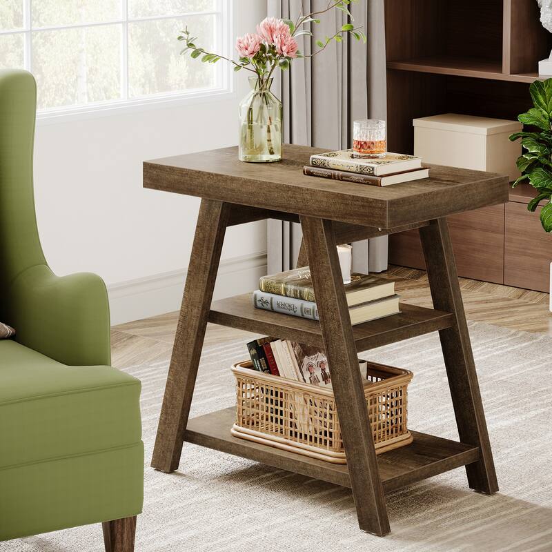 End Table, Side Table with 3-tier Storage Shelf