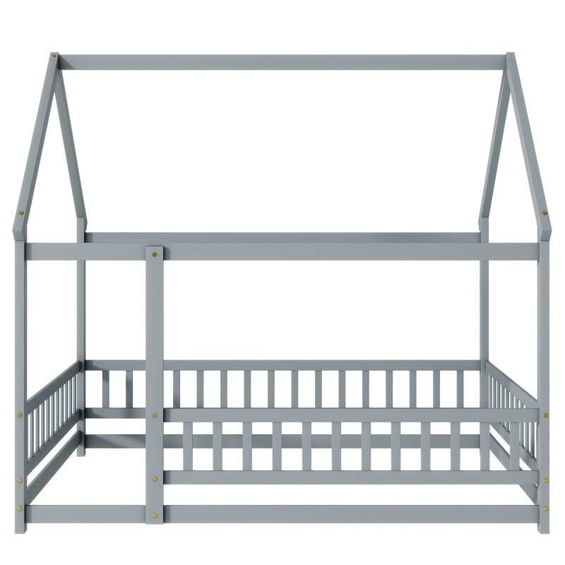 Full Size Wooden House Floor Bed with Roof Frame, Safety Guardrails