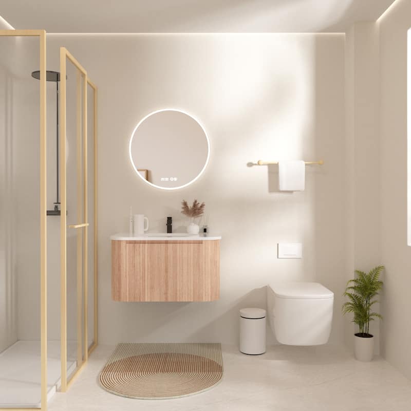 30 Inch Wall Mounted Bathroom Vanity With Sink Curved Design,Floating Vanity Cabinet With Soft Close Drawer - Natural Wood