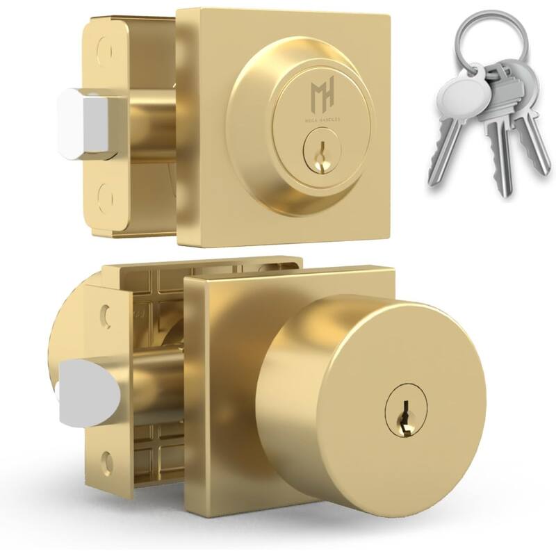 Mega Handles Entry SUANA Door Lock Set with Round Knob and Deadbolt | Keyed Combo | Reversible Handing | Fits Standard Doors -  Reversible Handing|Satin Brass