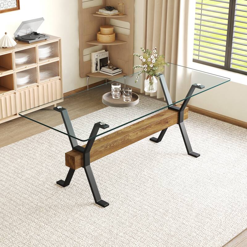 Roomfitters Large Glass Dining Table with 79 Inch Top and Black X-Shaped Legs with MDF Beam for Dining Room, Black, Transparent