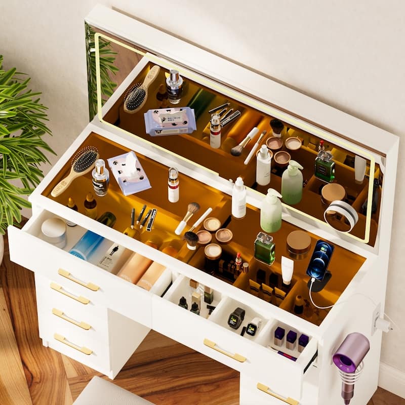 46" Glass Top 3 Lighting Modes Vanity Desk with 10 Drawers,Stool,Power Outlet and Silent Slides