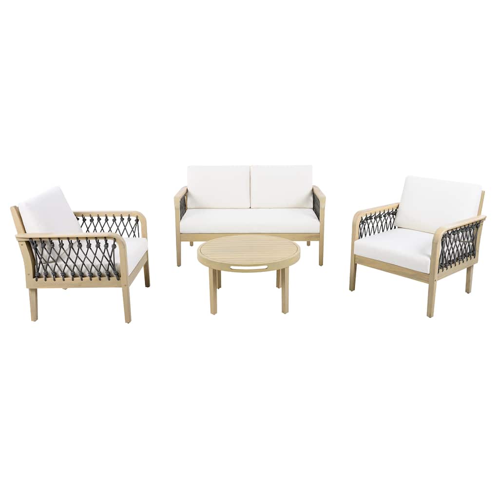 Christopher Knight Home - Outdoor 4-Piece Chat Set with Acacia Loveseat, Armchairs & Coffee Table, Handwoven Rope Accents
