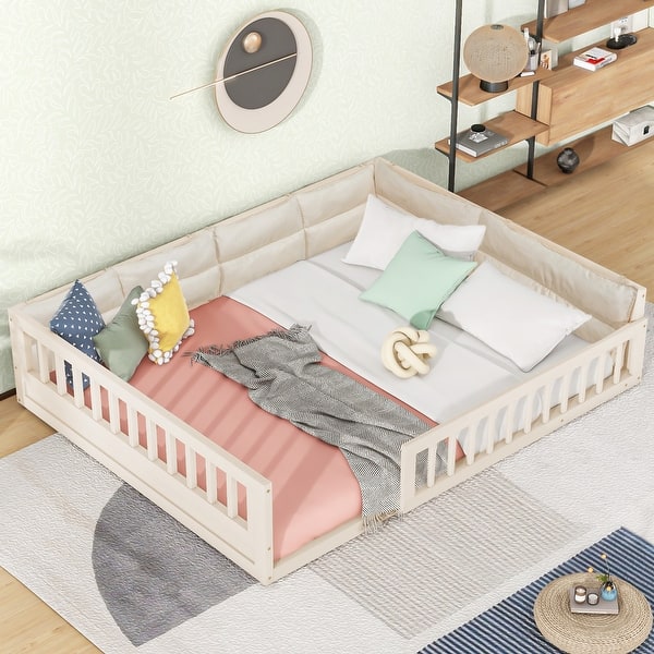 slide 2 of 19, Full Size Floor Bed Frame with Guardrail, Toddler Floor Bed Frame with Slat Support for Kids Girls Boys, No Box Spring Needed