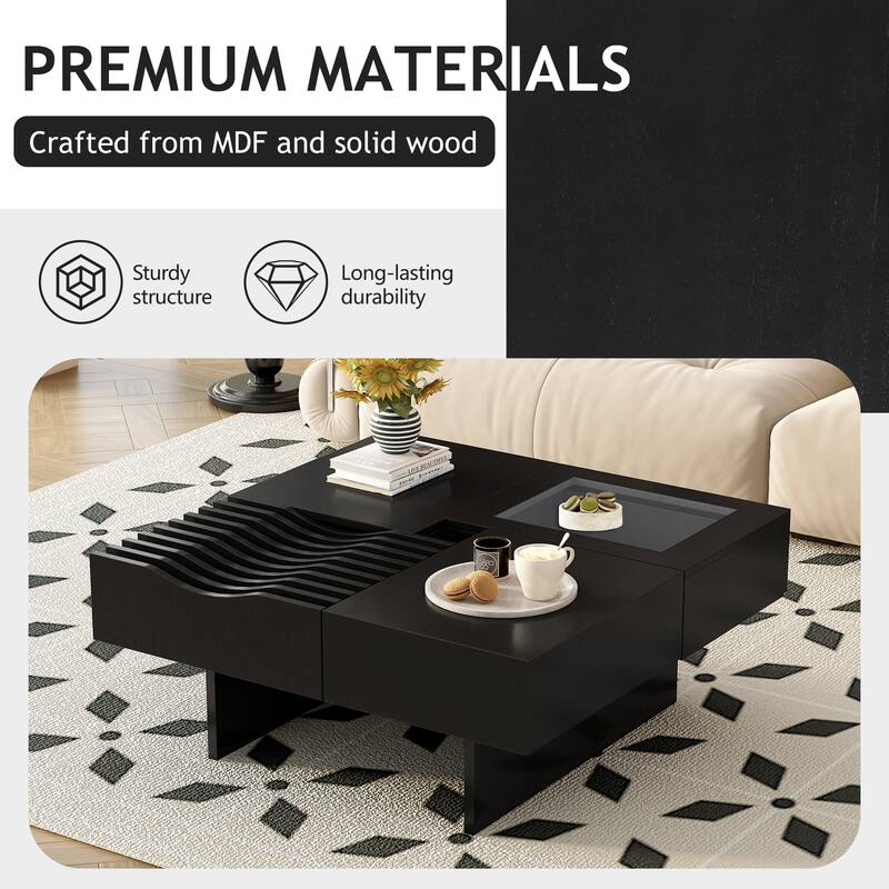 33" Solid Wood Square Coffee Table with Drawers & Wave Design