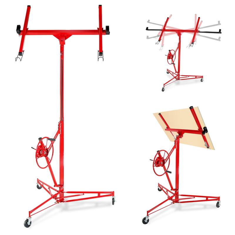 Drywall Lift 150lb Capacity Heavy Duty Sheetrock Hoist w/Telescopic Arm & Locking Wheels, Steel Panel Lifter for Ceiling - red