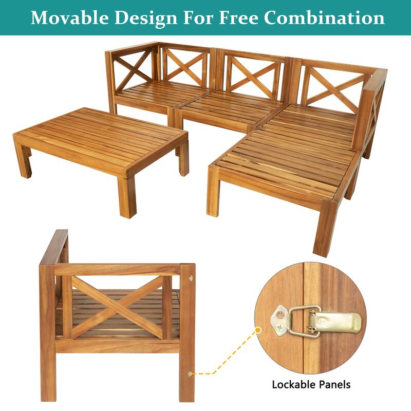 5-Piece Acacia Wood Patio Furniture Set, Outdoor Sectional Conversation Sets Sofa Set with Coffee Table and X-Back Wood Frame