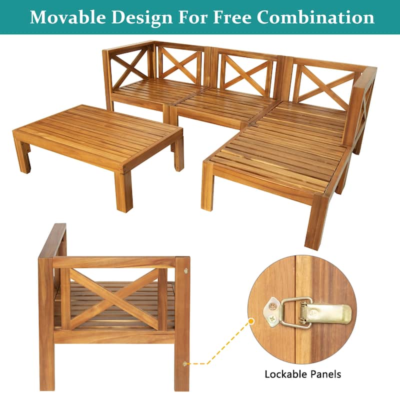 Beige Natural Acacia Wood 5-Piece Outdoor Sectional Sofa Set with Water-resistant Fabric