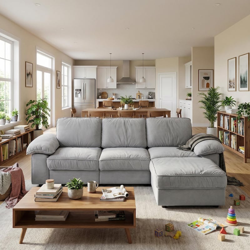 Upholstered L-Shaped Sectional Sofa Couch with Ottoman, Modern Fabric Deep Seat Sofa