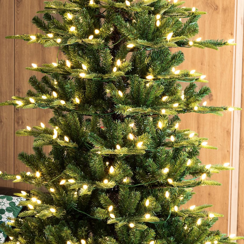 Glitzhome 7.5ft/9ft Pre-Lit Evergreen Slim Fir Artificial Christmas Tree With Strawberry Lights