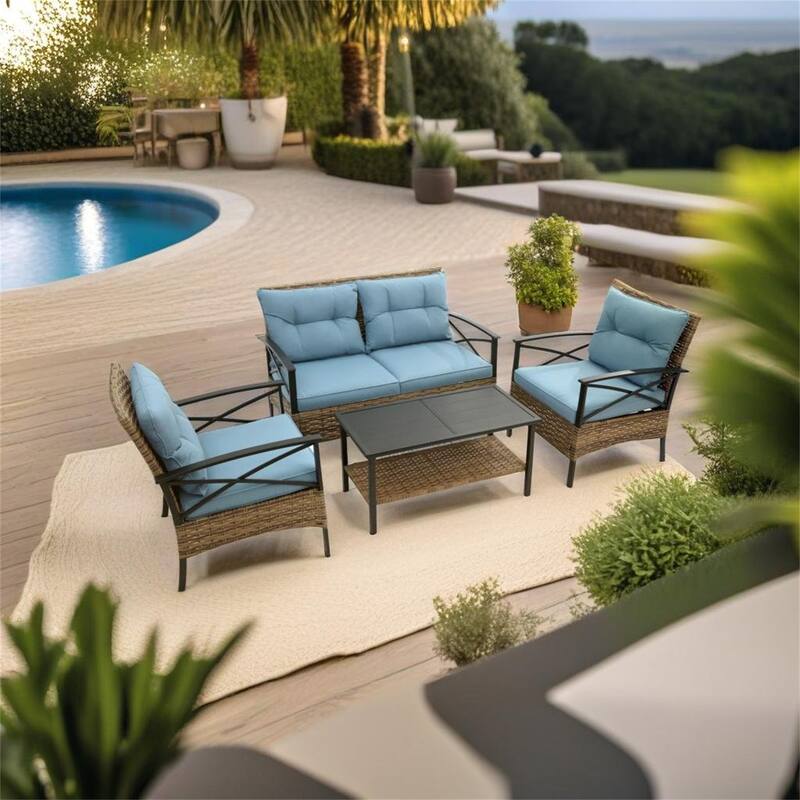 Patio 4 Piece Sectional Low Dining Conversation Sofa Set