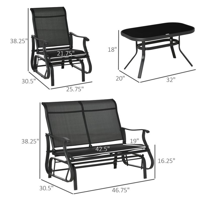Outsunny 4 Pieces Gliders Set, Outdoor Furniture Sets with 2-Person Glider Patio Bench, Single Sling Chair and Coffee Table