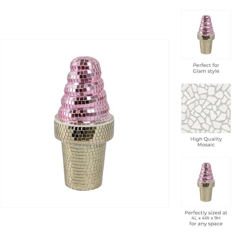 Glass Wood Figurine Mosaic Ice Cream Cone for Home Decor - 9" Pink - 4.25" x 4.25" x 9"