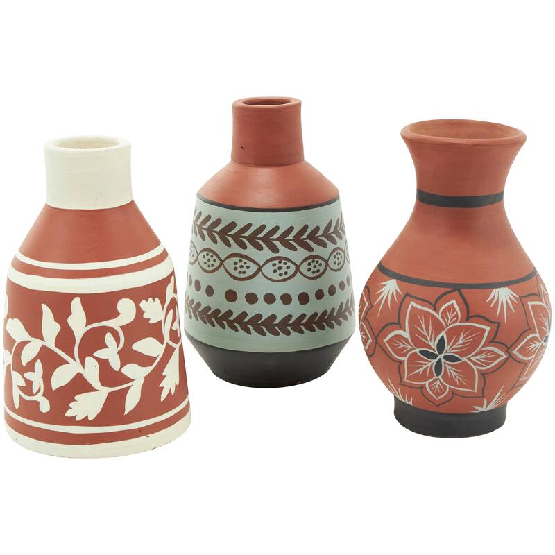 Orange Ceramic Floral Decorative Vase with 3 Different Patterns and Shapes (Set of 3)