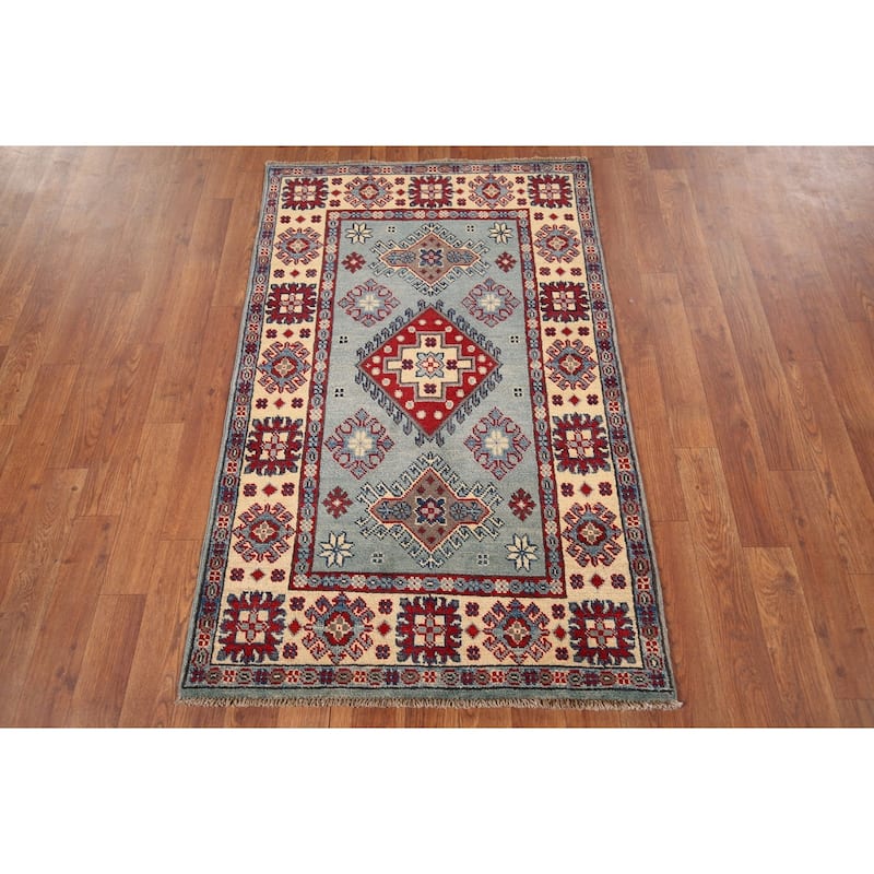 Light Blue Geometric Kazak Accent Rug Hand-Knotted Wool Carpet - 2'7" x 4'3"