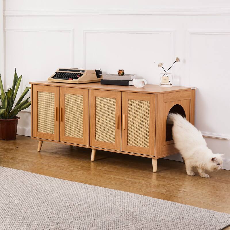 Multi-Functional Cat Litter Box Enclosure Furniture Hidden with 2 Windows and 4 Doors