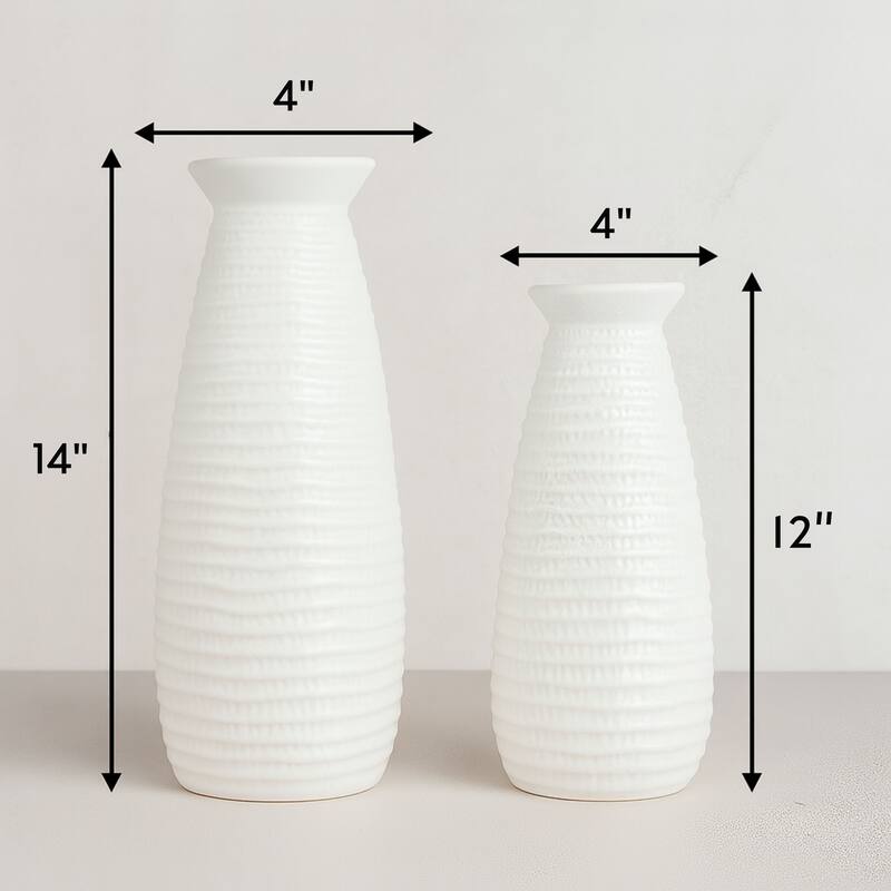 White Ceramic Vase Set of Two with Matte Finish and Cylindrical Shape