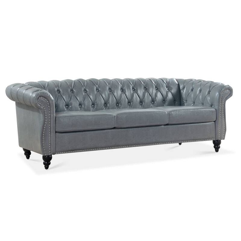 Chesterfield PU Leather 3 Seater Sofa, Upholstered Sofa with Rolled Armrests & Tufted Back, Lounge Sofa with Nailhead Trim