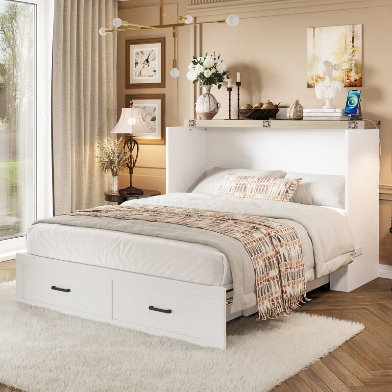 Murphy Bed Cabinet with Integrated Charging Station and Large Storage Drawer by Harper&Bright Designs