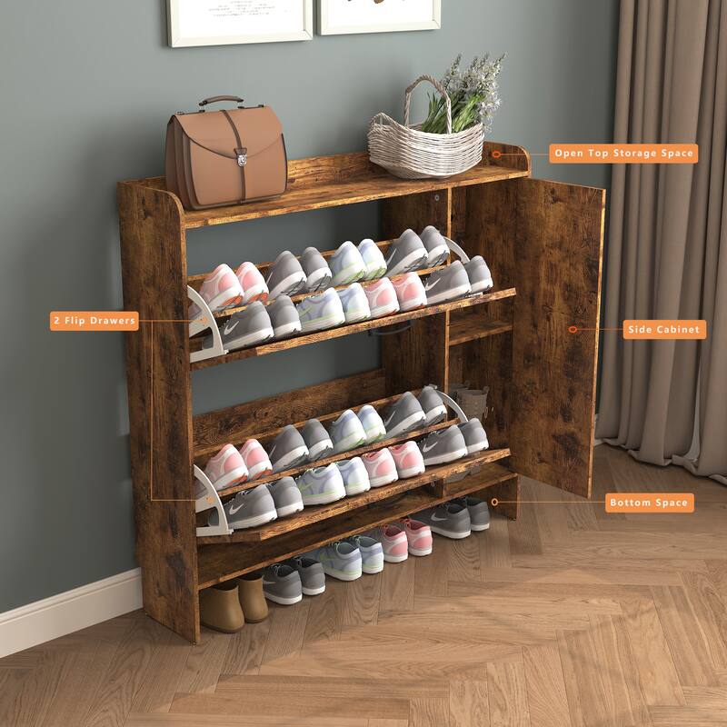 Distressed Shoe Storage Cabinet with 2 Flip Drawers, Freestanding Organizer Narrow Shoe Rack Cabinet