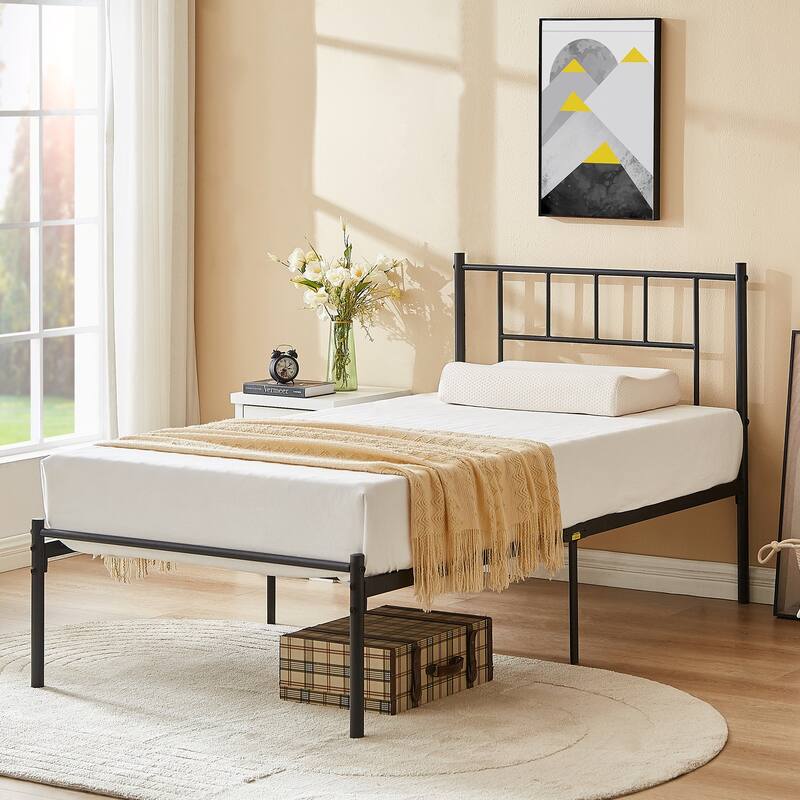 VECELO Victorian Style 14 Inch Metal Platform Bed Frame with Headboard, Heavy Duty Steel Slat Support, No Box Spring Needed