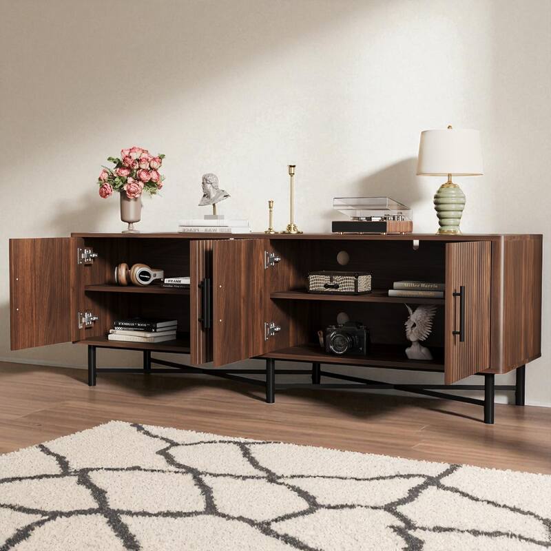 66" Media Console TV Stand with 4 Doors, Adjustable Shelves, Cable Management, Wood Finish & Metal Legs, Fits 65" TV