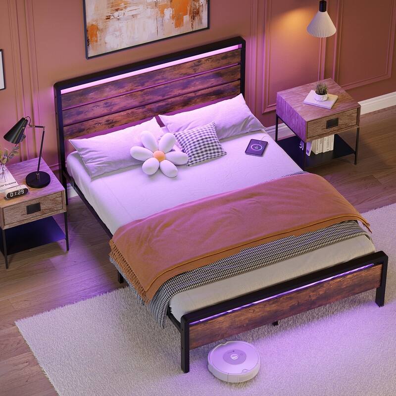 Bed Frame with LED Light and Charging Station, Metal Platform Bed with Wood Headboard