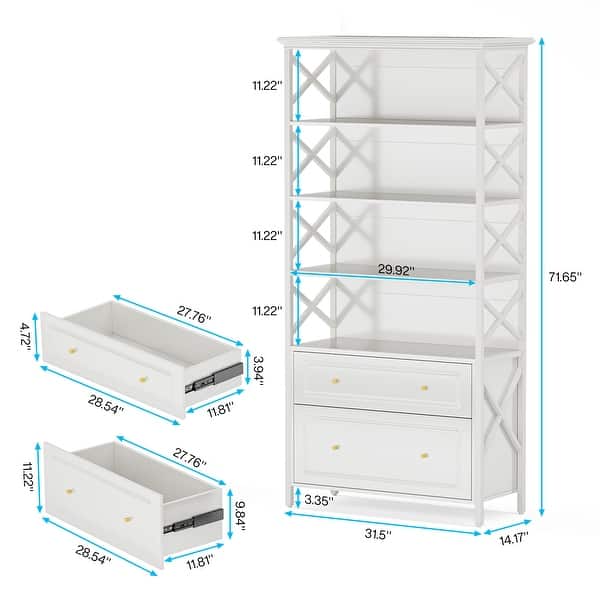 dimension image slide 1 of 2, Tall Bookshelf with Open Sotage Shelves & 2 File Drawers