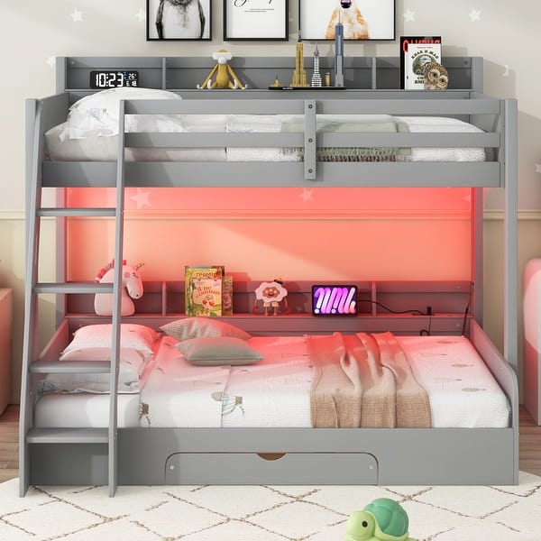slide 2 of 16, Twin over Full Bunk Bed with Storage Shelves, LED, Charging Station and A Drawer Grey