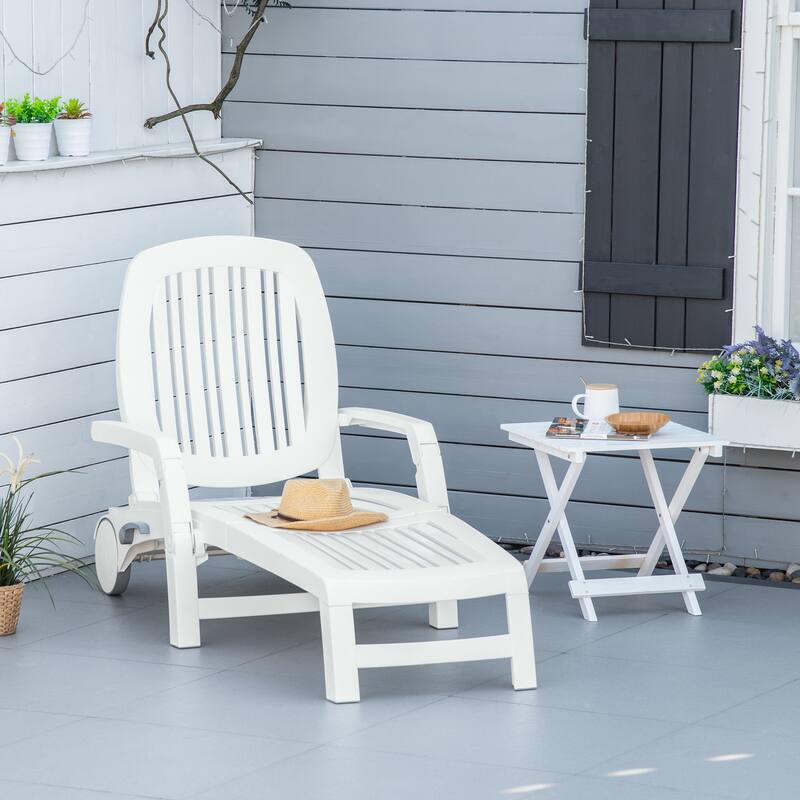 Outdoor Foldable Chaise Lounger Waterproof Sun Lounger with Wheels and Adjustable Backrest for Poolside Beach - White
