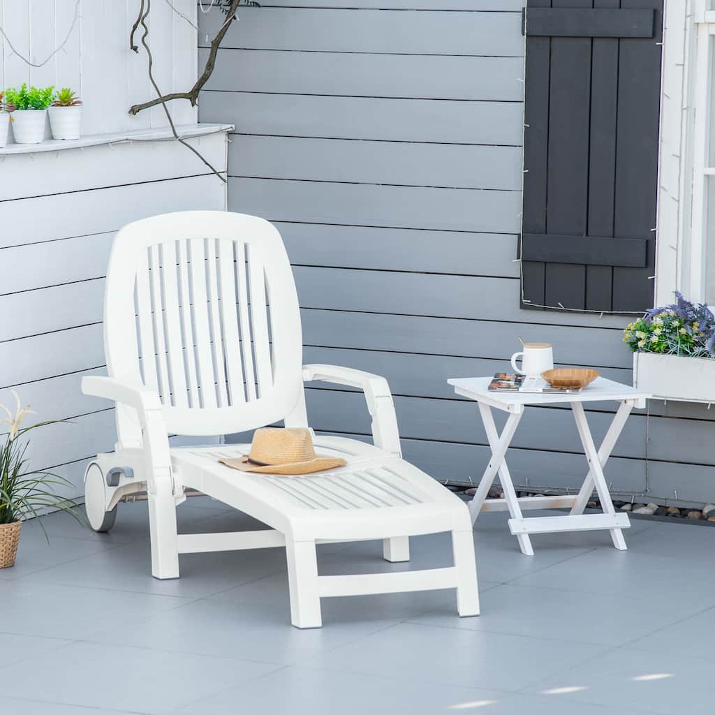 Outsunny Outdoor Folding Chaise Lounge Chair on Wheels, Patio Sun Lounger Recliner with Storage Box & 5-Position Backrest