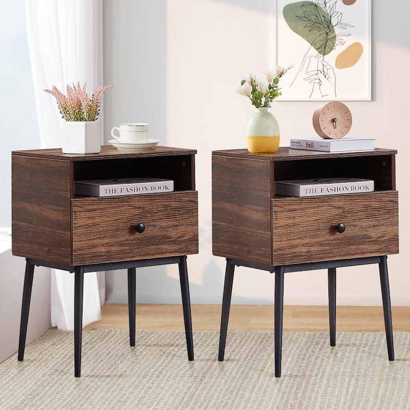 VECELO Modern 1-Drawer Wood Nightstand Set of 2 - Antique Brown
