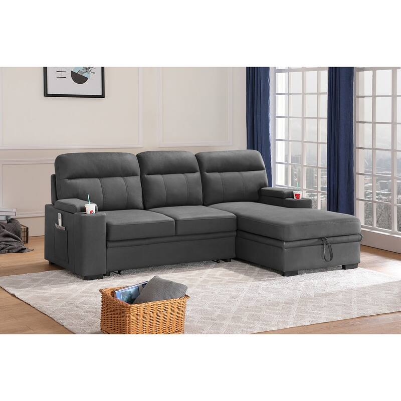Polished Microfiber Sleeper Sectional Sofa Chaise with Cupholder - Grey
