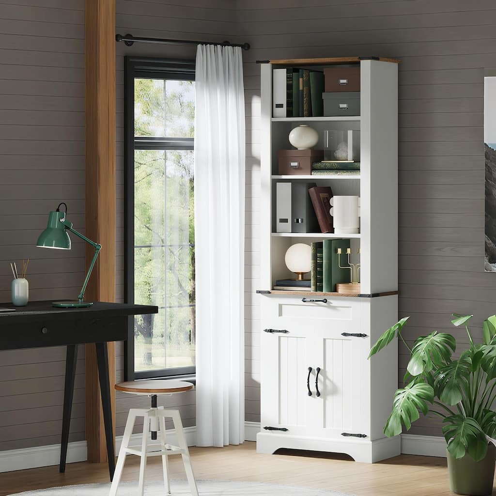 4 Tier Bookshelf with Storage Cabinet, 72" Tall Farmhouse Bookcase with and Barn Door and Drawer, Adjustable Shelves
