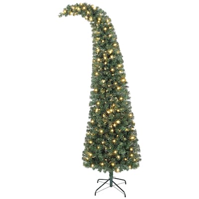 HOMCOM 7 ft Prelit Bent Top Christmas Tree, Slim High Mountain Fir Holiday Decor with 300 Warm White LEDs and with 8 Modes