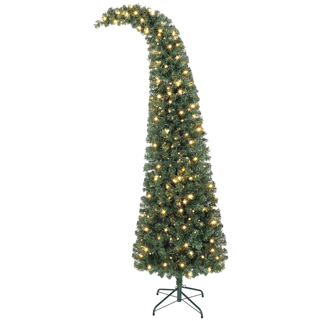 HOMCOM 7 ft Prelit Bent Top Christmas Tree, Slim High Mountain Fir Holiday Decor with 300 Warm White LEDs and with 8 Modes