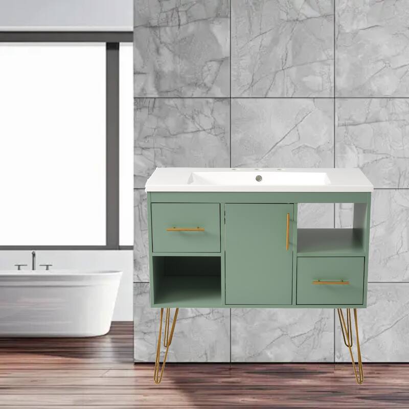 Elegant 36" Bathroom Vanity Set with Resin Sink, Gold Legs, 2 Drawers & Open Storage Compartments for Bathroom Storage - Green