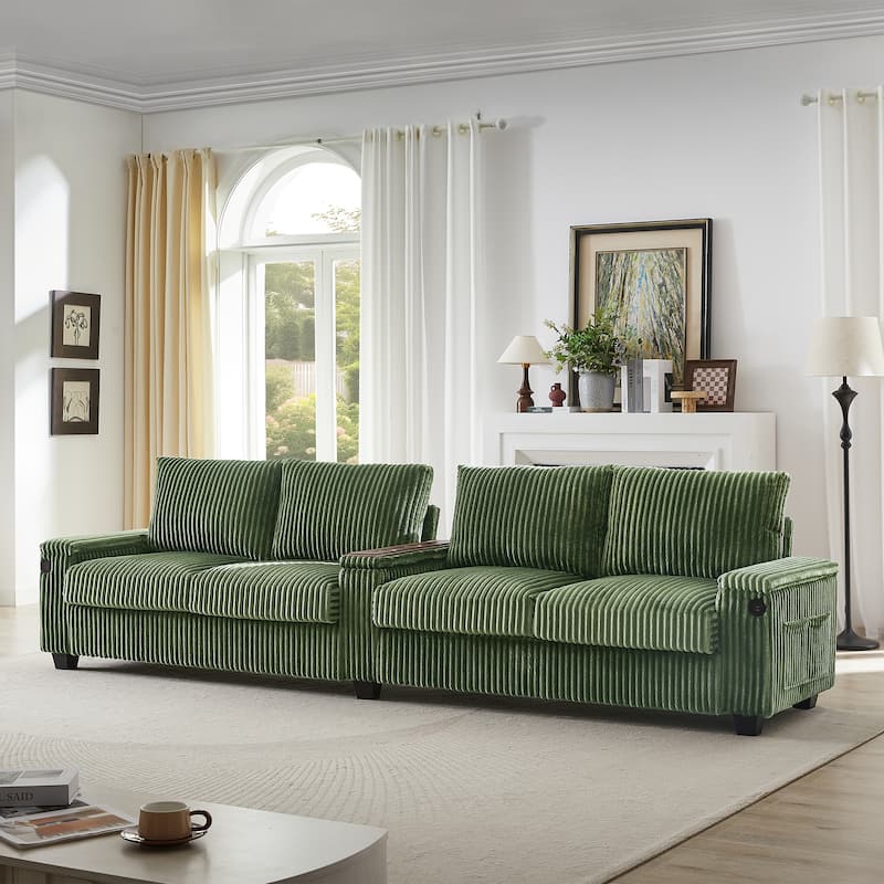 4-seater Corduroy Sofa Couch 133" Modern Sofa with USB Ports, Hidden Storage Arms, Flip-Top Cup Holders for Living Room