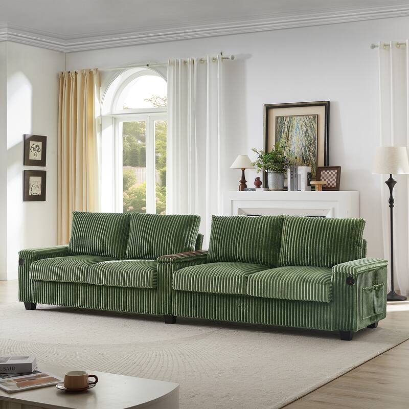 Corduroy Straight Row Sofa 4-seater Sectional Couch Buil-in USB Ports, Flip-Top Cup Holders Storage and Hidden Storage Arms