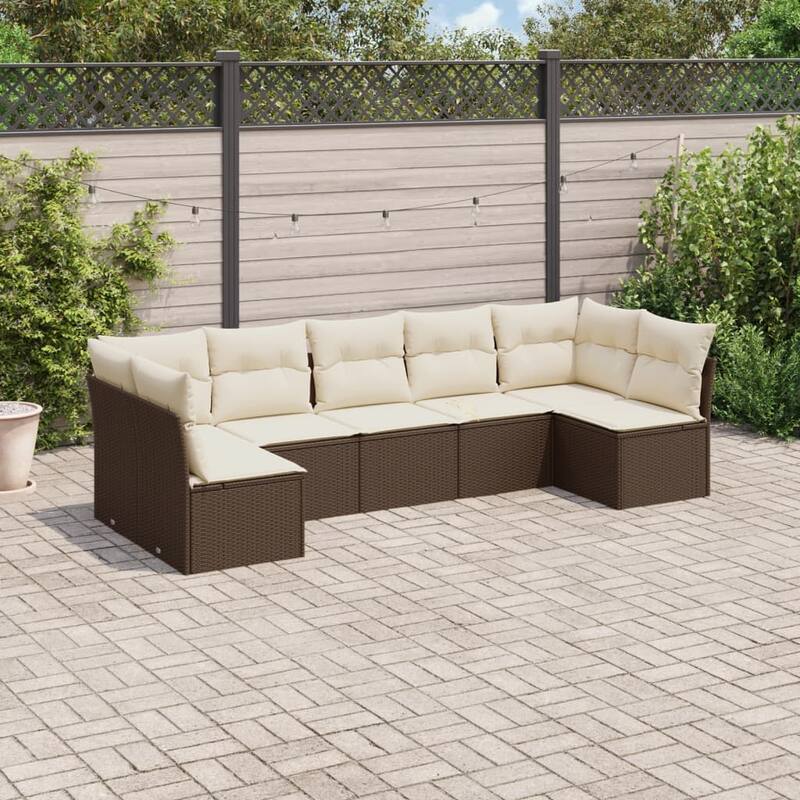 vidaXL Garden Sofa Set Brown and Cream PE Rattan 7 Piece Adjustable Feet - 24.4 x 24.4 x 27.2