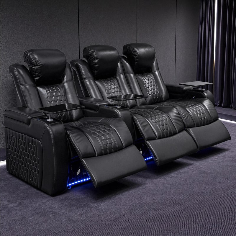 Roomfitters 93.3" Power Recliner 3-Piece Set, Top-Grain Nappa Leather, 17-Color RGB LED & USB-C Charging, Black - Black