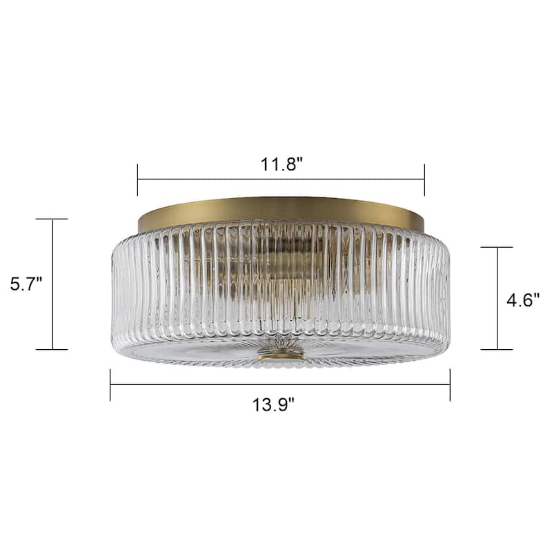 Mid-Century Modern Gold 3-Light Ribbed Glass Drum Flush Mount Ceiling Light
