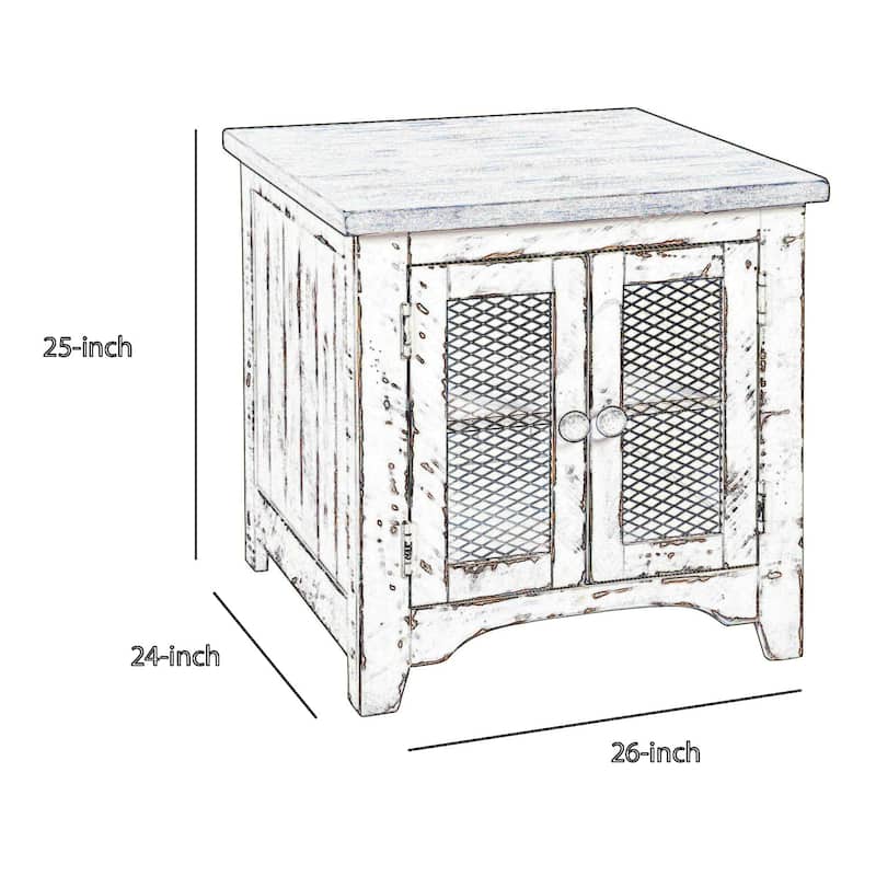 Two Tone Wooden End Table with Metal Grill Cabinet, Brown and White