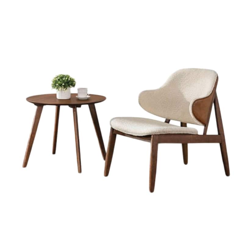Ary 2pc Accent Table and Wingback Chair Set, Beige Boucle, Walnut Brown