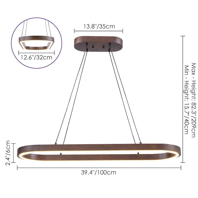 39.4" Modern Wood Oval LED Pendant Light - 39W 3000K Warm Light Linear Ceiling Pendant, Dimmable LED Fixture for Dining Room