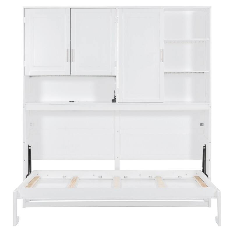 Twin Size Wall Murphy Bed with Top Cabinet, Shelves ,Space Saving Foldable Bed with Light & USB