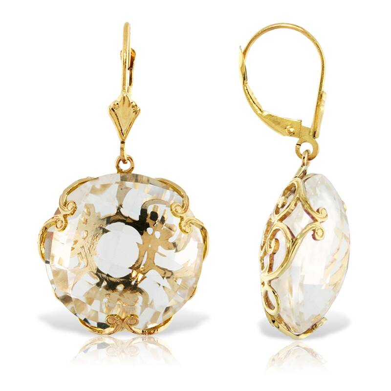 14K Solid Gold Leverback Earrings Round White Topaz Certified - Yellow